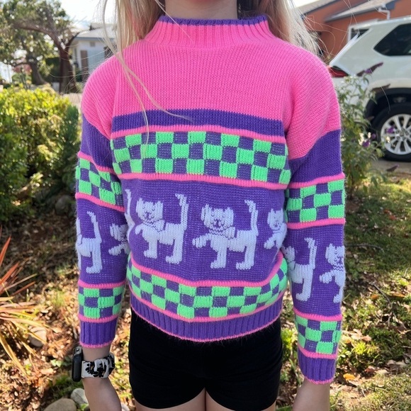 Vintage Hot Fudge Kitty Kitten Cat Neon Checkered Knit Sweater Purple Pink GUC - Picture 2 of 9